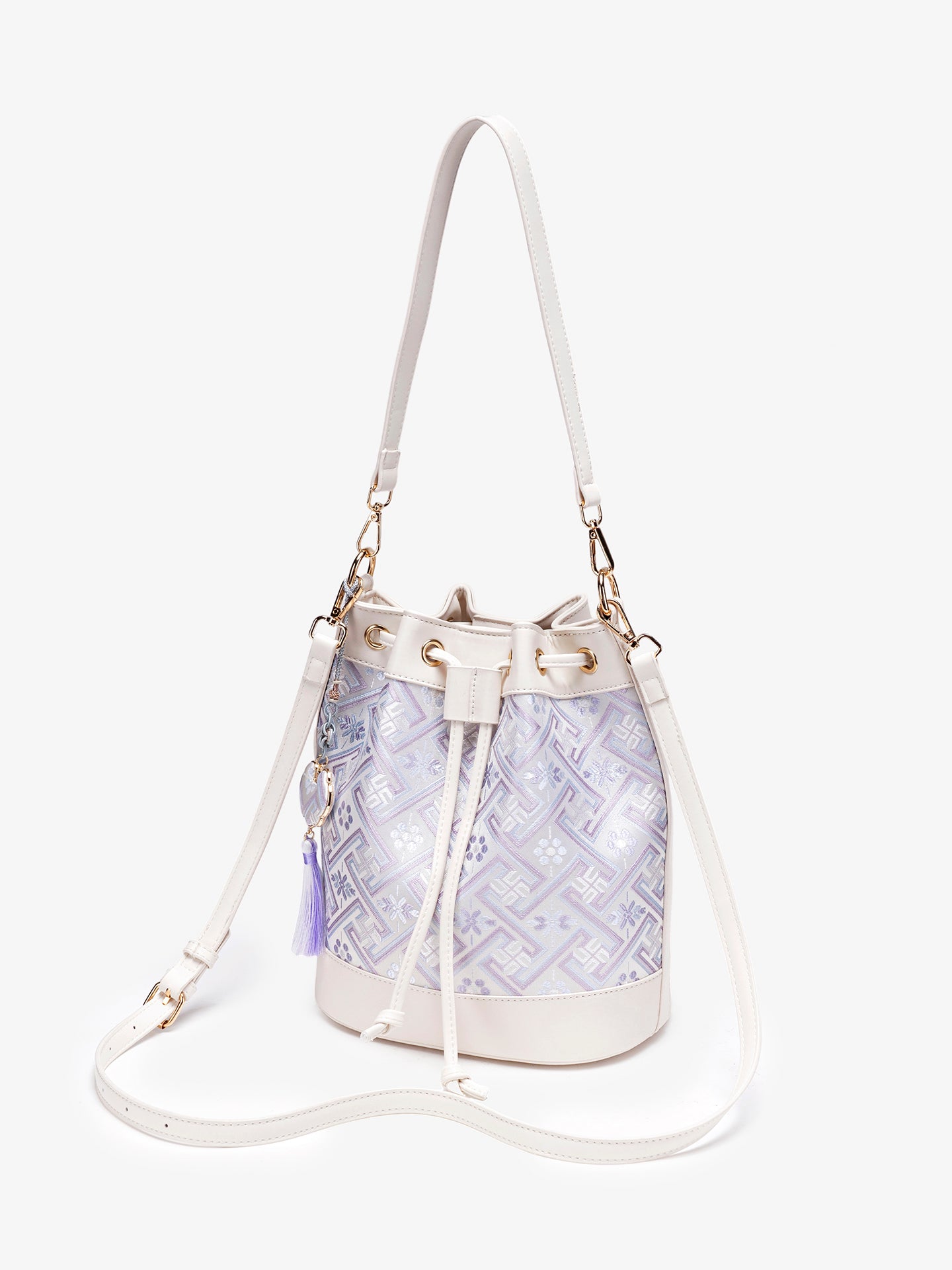 Gentle Oriental Brocade Vegan Eco-Leather Bucket Clutch Bag with Tassel Charm