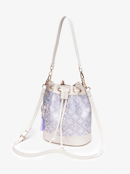 Gentle Oriental Brocade Vegan Eco-Leather Bucket Clutch Bag with Tassel Charm