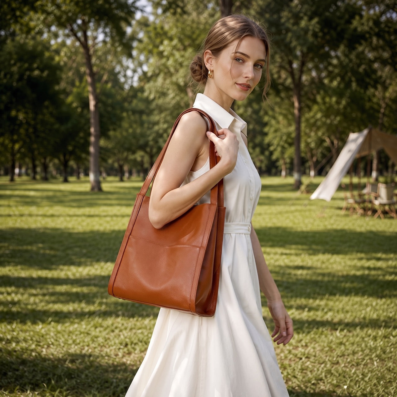 Supple Genuine Leather Spacious Tote Clutch Bag