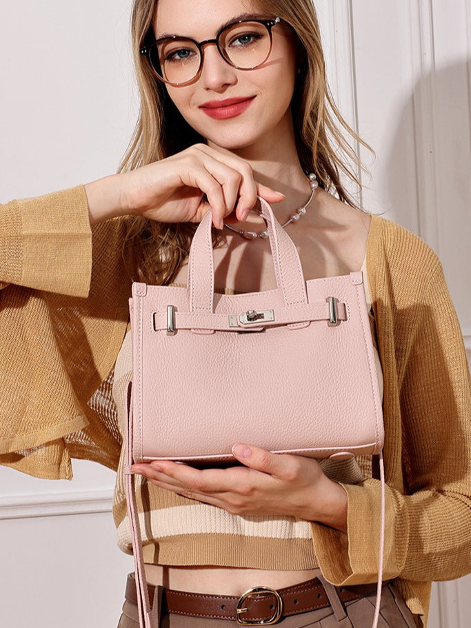 Minimalist Pebbled Genuine Leather Kelly Clutch Bag with Metal Turn Lock