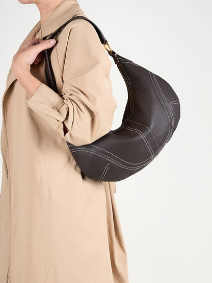 The Pebbled Genuine Leather Hobo Shoulder Bag with Contrast Stitching