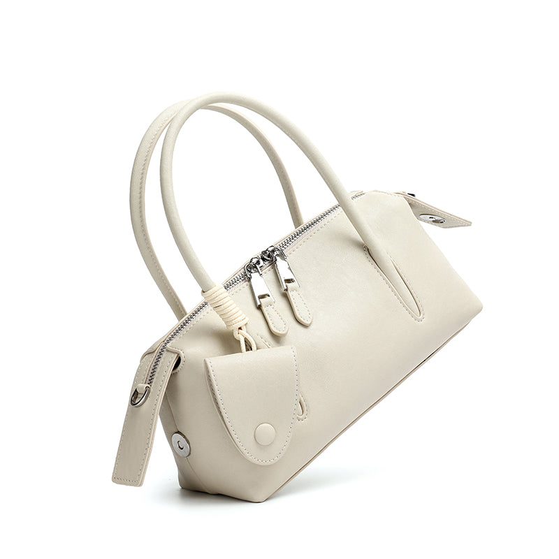 Minimalist Genuine Leather Boston Clutch Bag with Detachable Leather Tag Charm