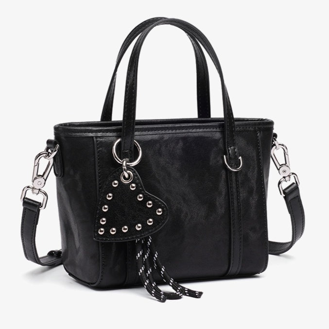 Sculpted Genuine Leather Mini Tote Crossbody Bag with Signature Heart Charm
