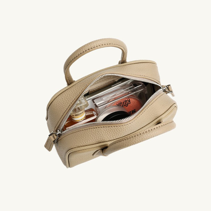 Cushiony Pebbled Genuine Leather Mini Boston Clutch Bag