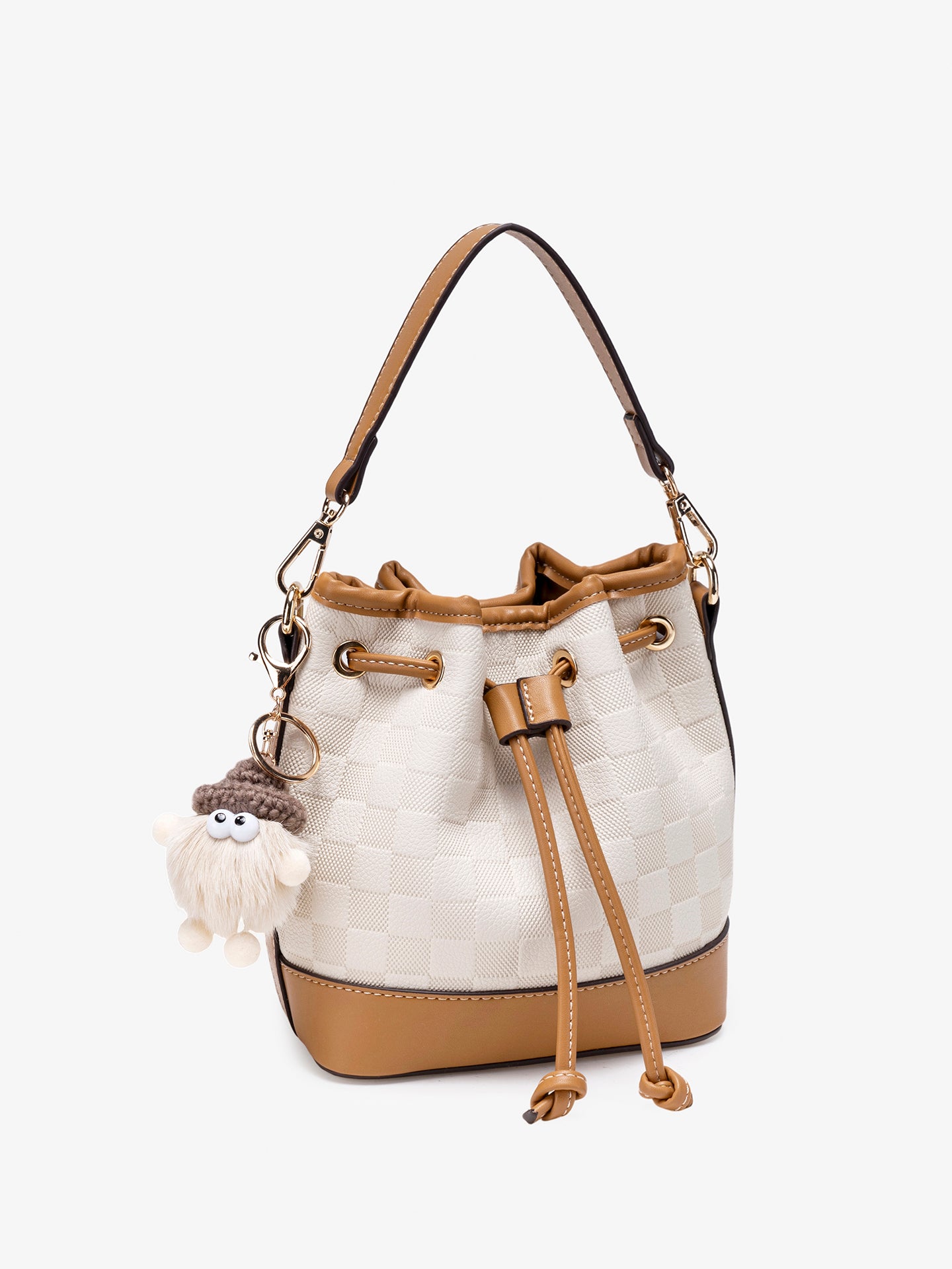 Vintage Checkerboard Vegan Eco-Leather Bucket Clutch Bag with Fluffy Charm