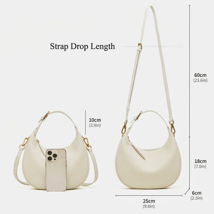 Borsa minimalista a spalla e tracolla a mezzaluna in vera pelle martellata
