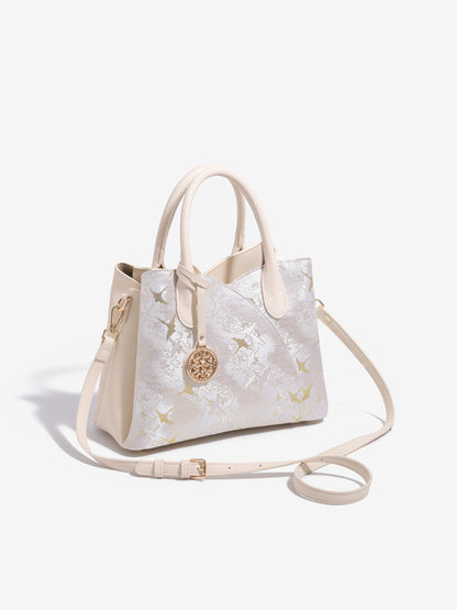 Elegant Flying Crane Motif Vegan Eco-Leather Tote Clutch Bag with Hollow Metal Charm