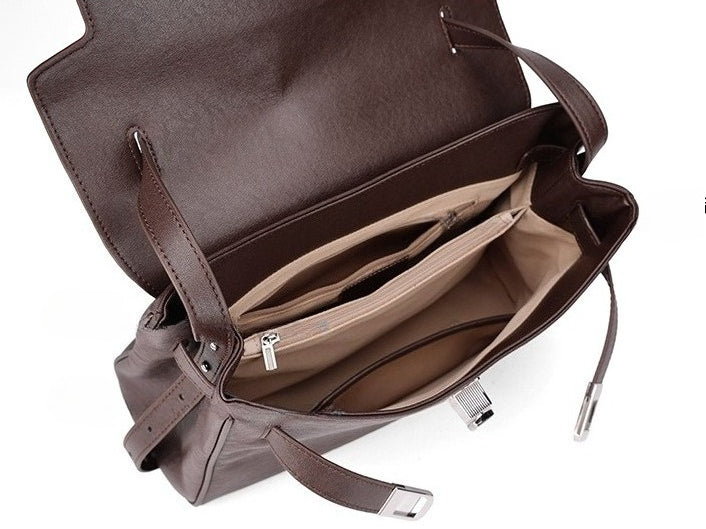 Vintage Lock-Accent Satchel Crossbody Genuine Leather Bag