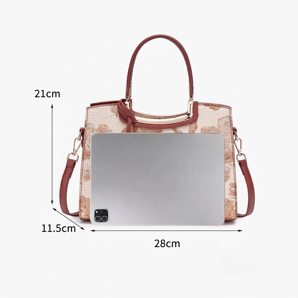 Romantic Floral Vegan Eco-Leather Tote Clutch Bag with Hollow Metal Charm