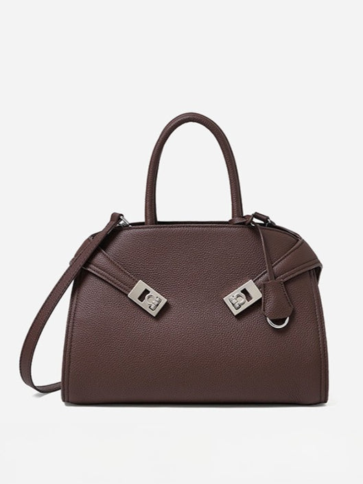 Luxury Retro Genuine Leather Lychee Pattern Double Buckle Tote Crossbody Bag