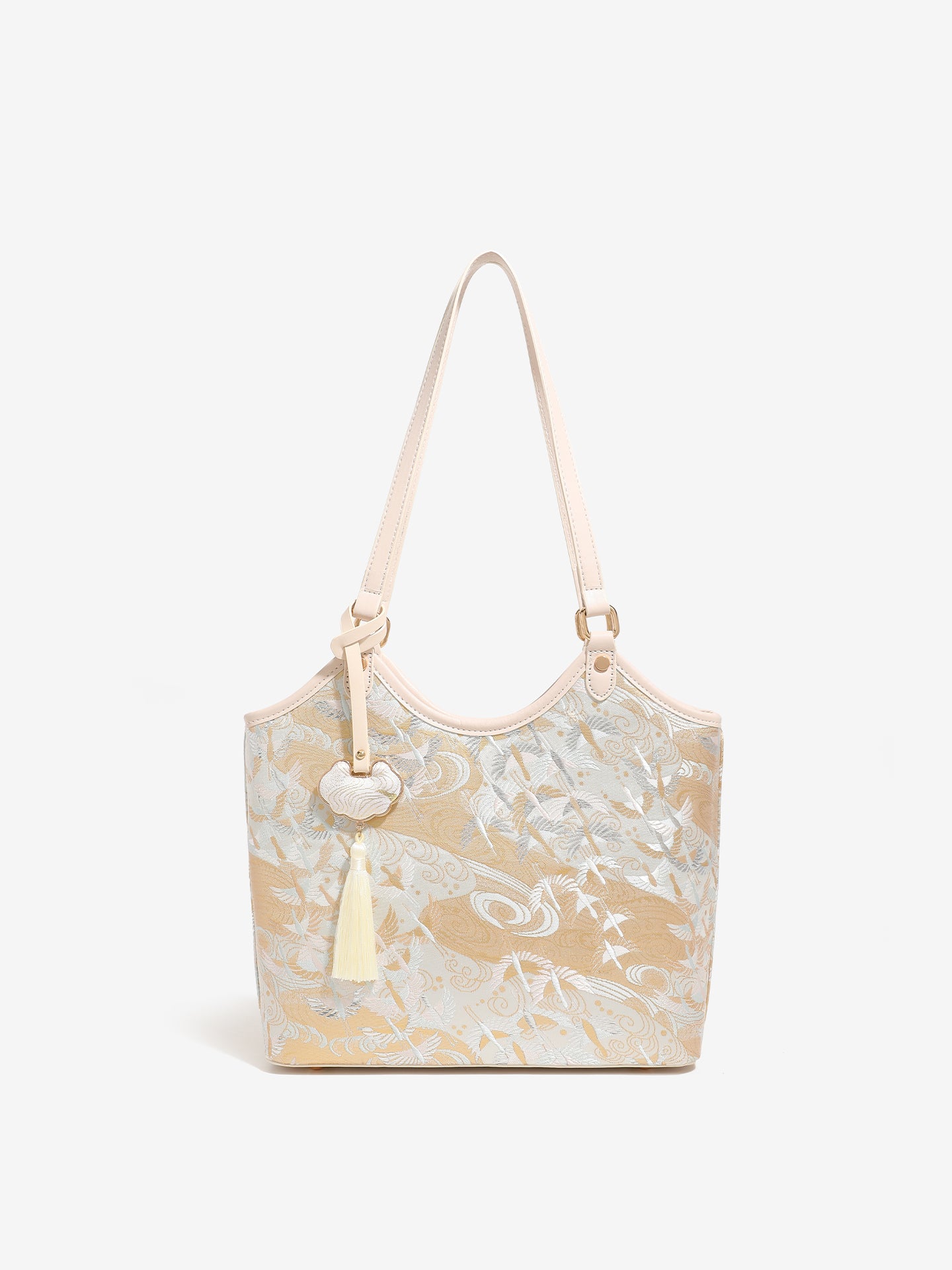 Ethereal Crane Pattern Vegan Eco-Leather Tote Clutch Bag with Tassel Charm
