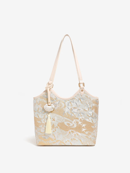 Ethereal Crane Pattern Vegan Eco-Leather Tote Clutch Bag with Tassel Charm