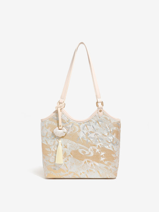 Ethereal Crane Pattern Vegan Eco-Leather Tote Clutch Bag with Tassel Charm