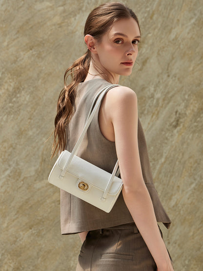 Bolso de mano tipo clutch nostálgico de cuero genuino color caviar, con forma de baguette tubular