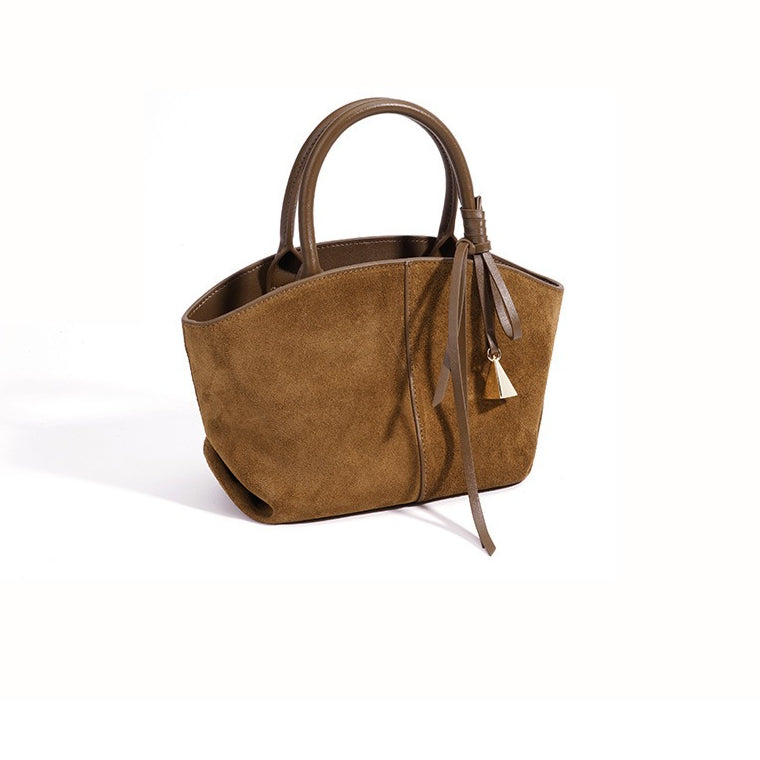 Graceful Slouchy Suede Genuine Leather Shell Tote Clutch Bag with Charm