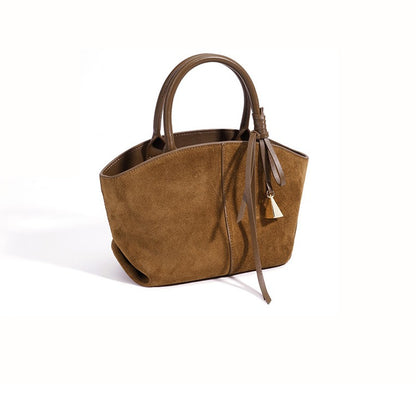 Graceful Slouchy Suede Genuine Leather Shell Tote Clutch Bag with Charm
