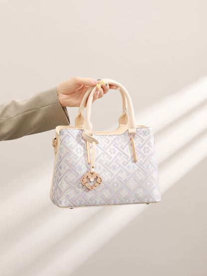 Elegant Jacquard Pattern Vegan Eco-Leather Satchel Clutch Bag with Hollow Lock Charm