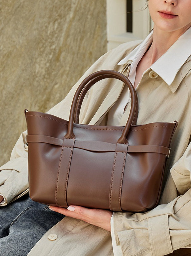 Italian Luxury Plain Genuine Leather Cowhide Large Tote Crossbody Bag