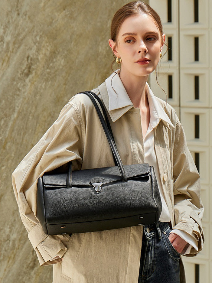 Sleek Pebbled Grain Texture Flap Genuine Leather Tote Clutch Bag