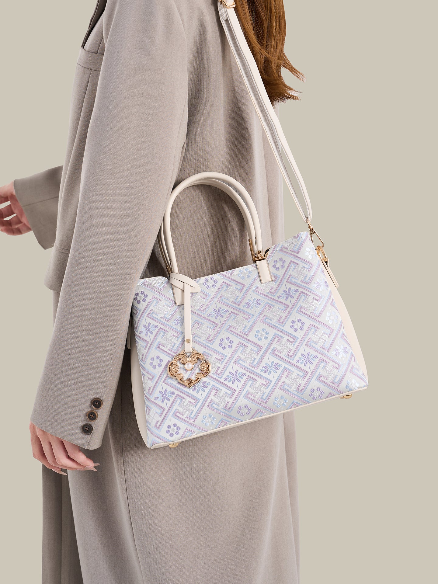 Classic Brocade Vegan Eco-Leather Mini Tote Clutch Bag with Hollow Charm