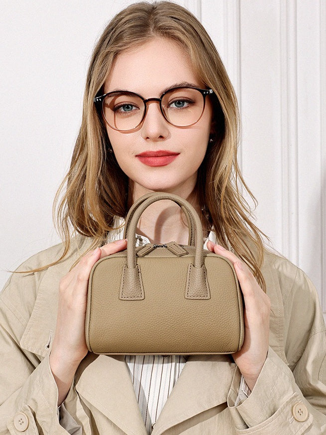 Cushiony Pebbled Genuine Leather Mini Boston Clutch Bag