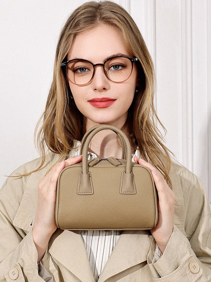 Cushiony Pebbled Genuine Leather Mini Boston Clutch Bag