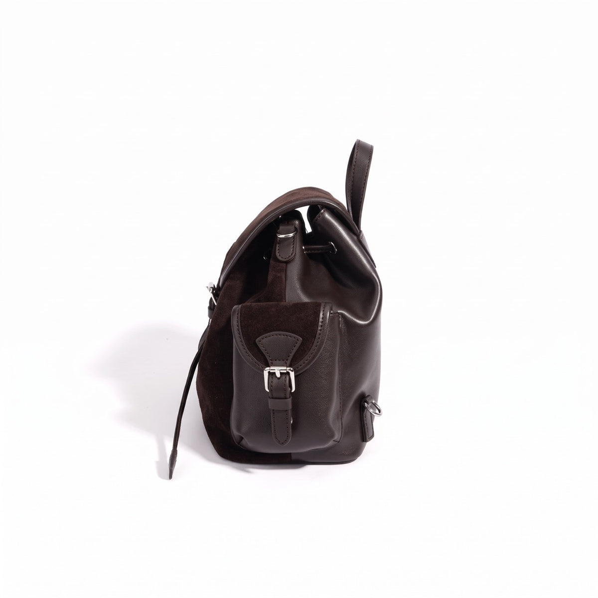 Mochila vintage de cuero genuino de ante con solapa y cordón