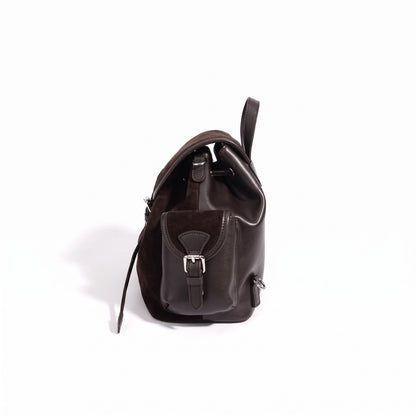 Mochila vintage de cuero genuino de ante con solapa y cordón