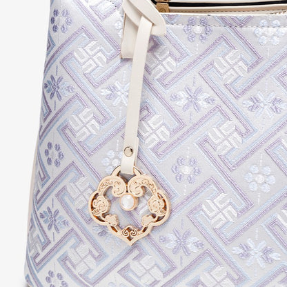 Classic Brocade Vegan Eco-Leather Mini Tote Clutch Bag with Hollow Charm