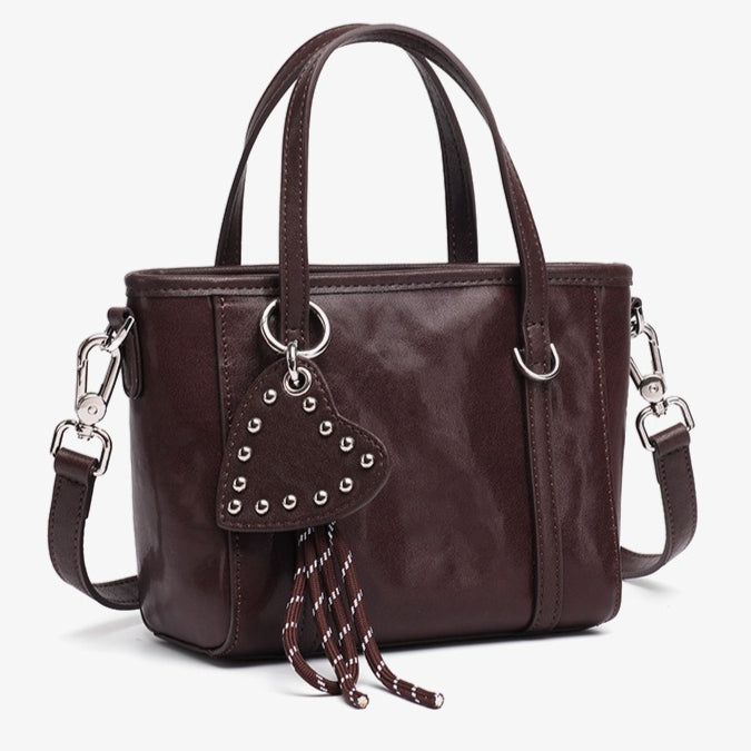 Sculpted Genuine Leather Mini Tote Crossbody Bag with Signature Heart Charm