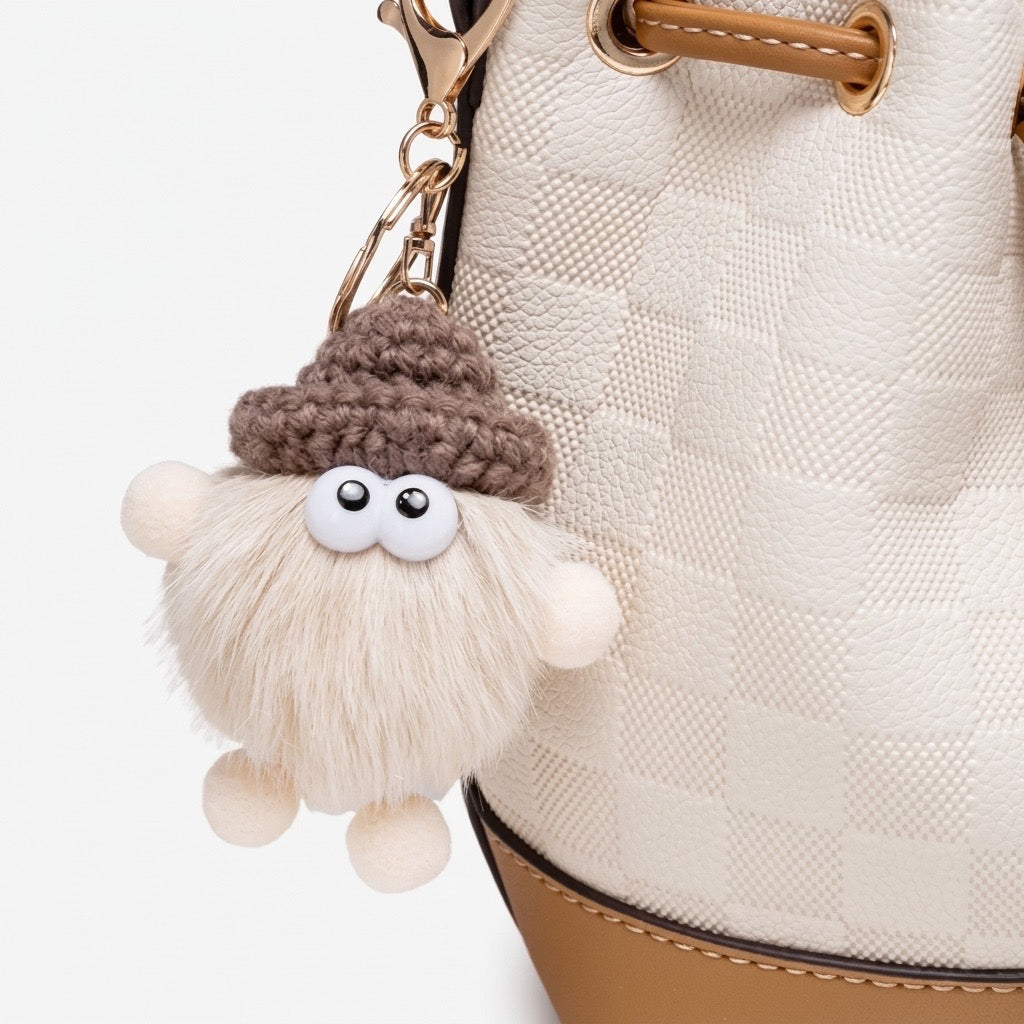 Vintage Schachbrettmuster vegane Eco-Leder Bucket Clutch Tasche mit flauschigem Charm