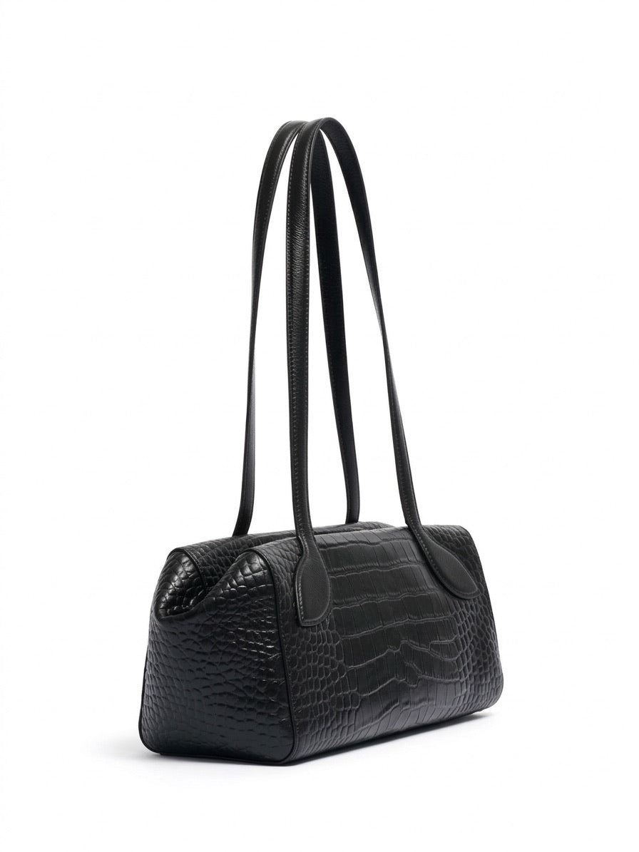 Sleek Luxe Croc Embossed Genuine Leather Bowling Clutch Bag