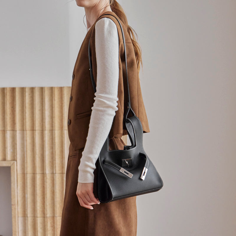Borsa classica a secchiello chic in vera pelle per tutti i giorni, a tracolla