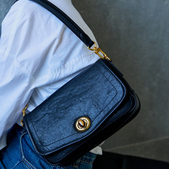 The Washed Genuine Leather Turn-Lock Flap Shoulder Crossbody Bag