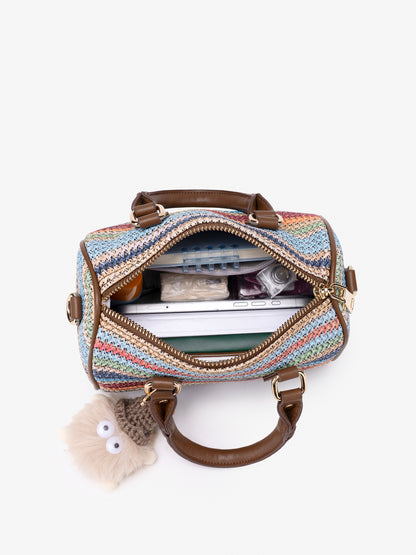 Romantic Striped Woven Vegan Eco‑Leather Mini Boston Clutch Bag