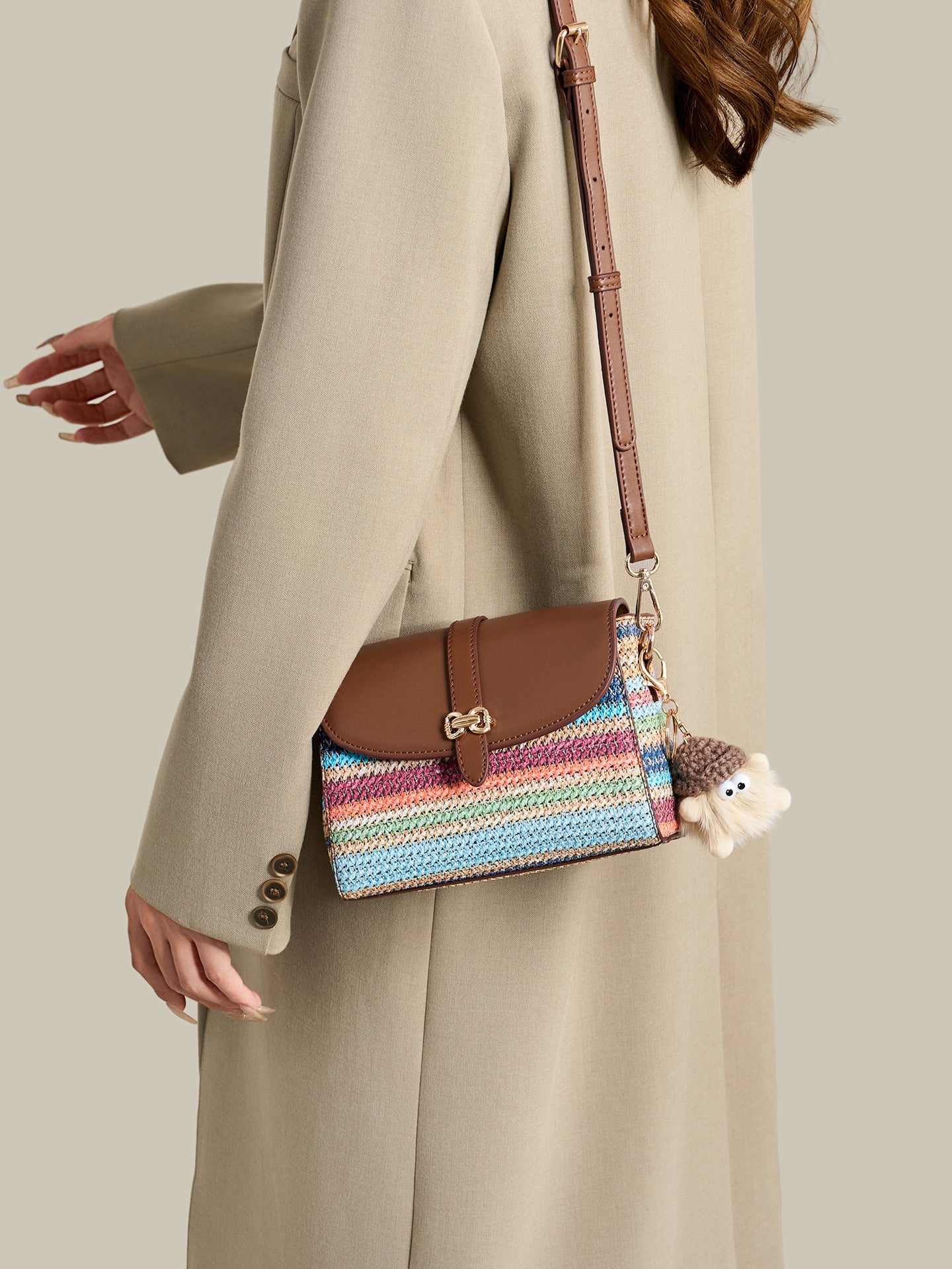 Radiant Rainbow Striped Woven Vegan Eco-Leather Flap Clutch Bag with Lovely Charm
