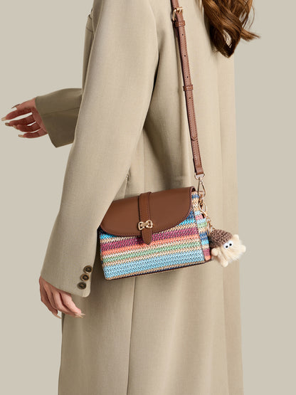 Radiant Rainbow Striped Woven Vegan Eco-Leather Flap Clutch Bag with Lovely Charm