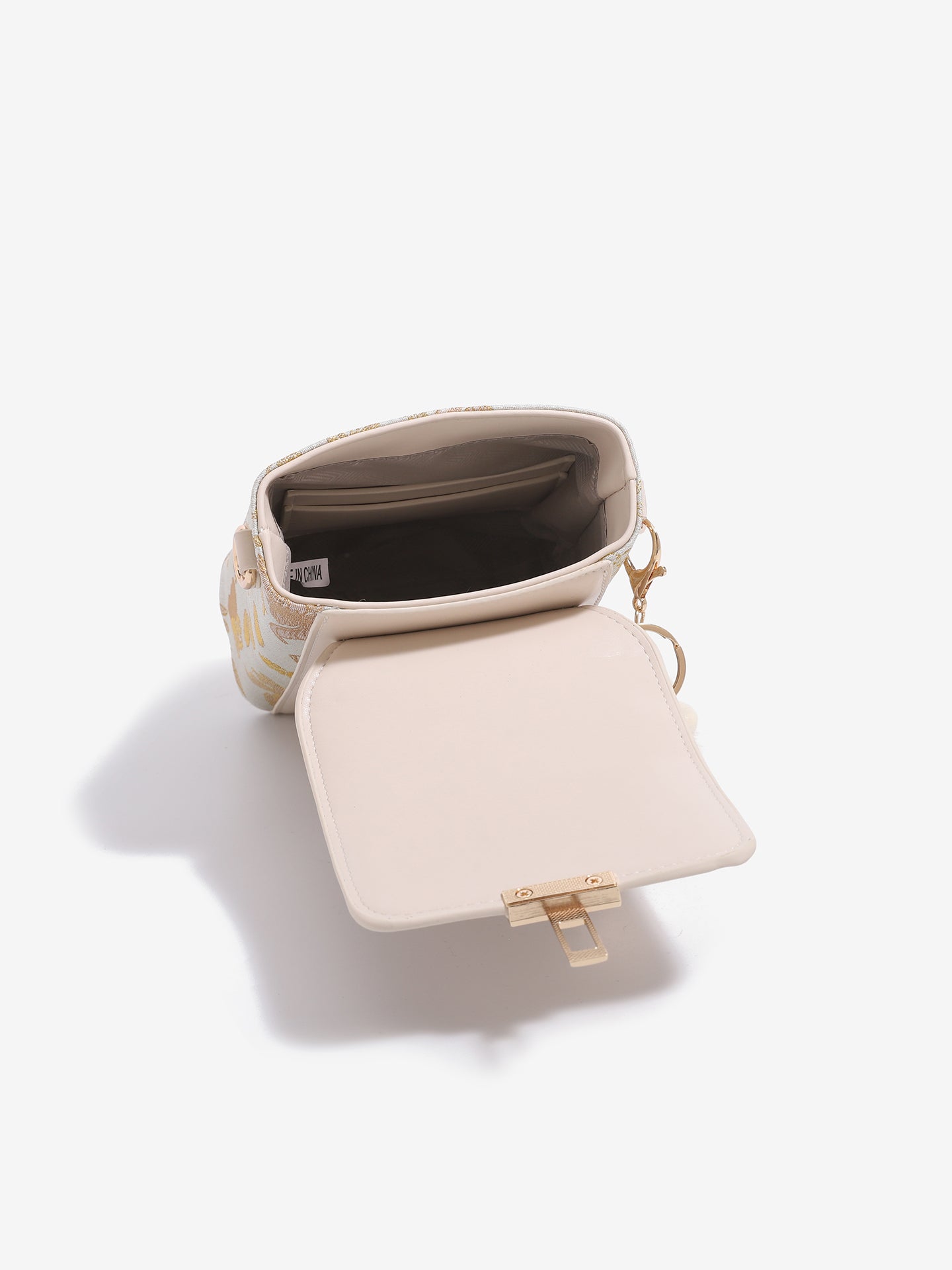 Elegant Oriental Jacquard Mini Flap Phone Clutch Bag with Furry Charm