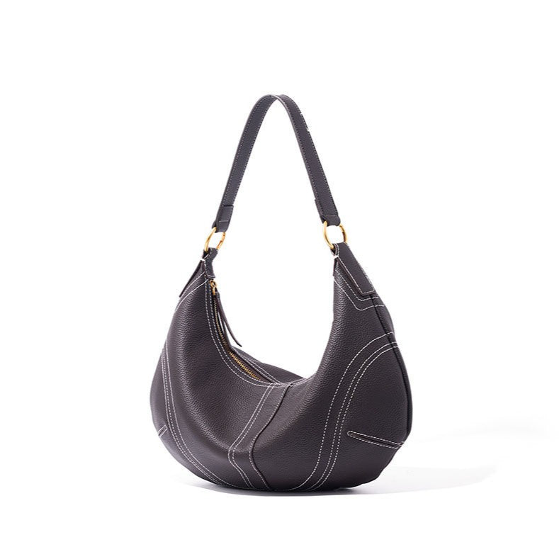 The Pebbled Genuine Leather Hobo Shoulder Bag with Contrast Stitching