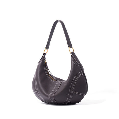 The Pebbled Genuine Leather Hobo Shoulder Bag with Contrast Stitching
