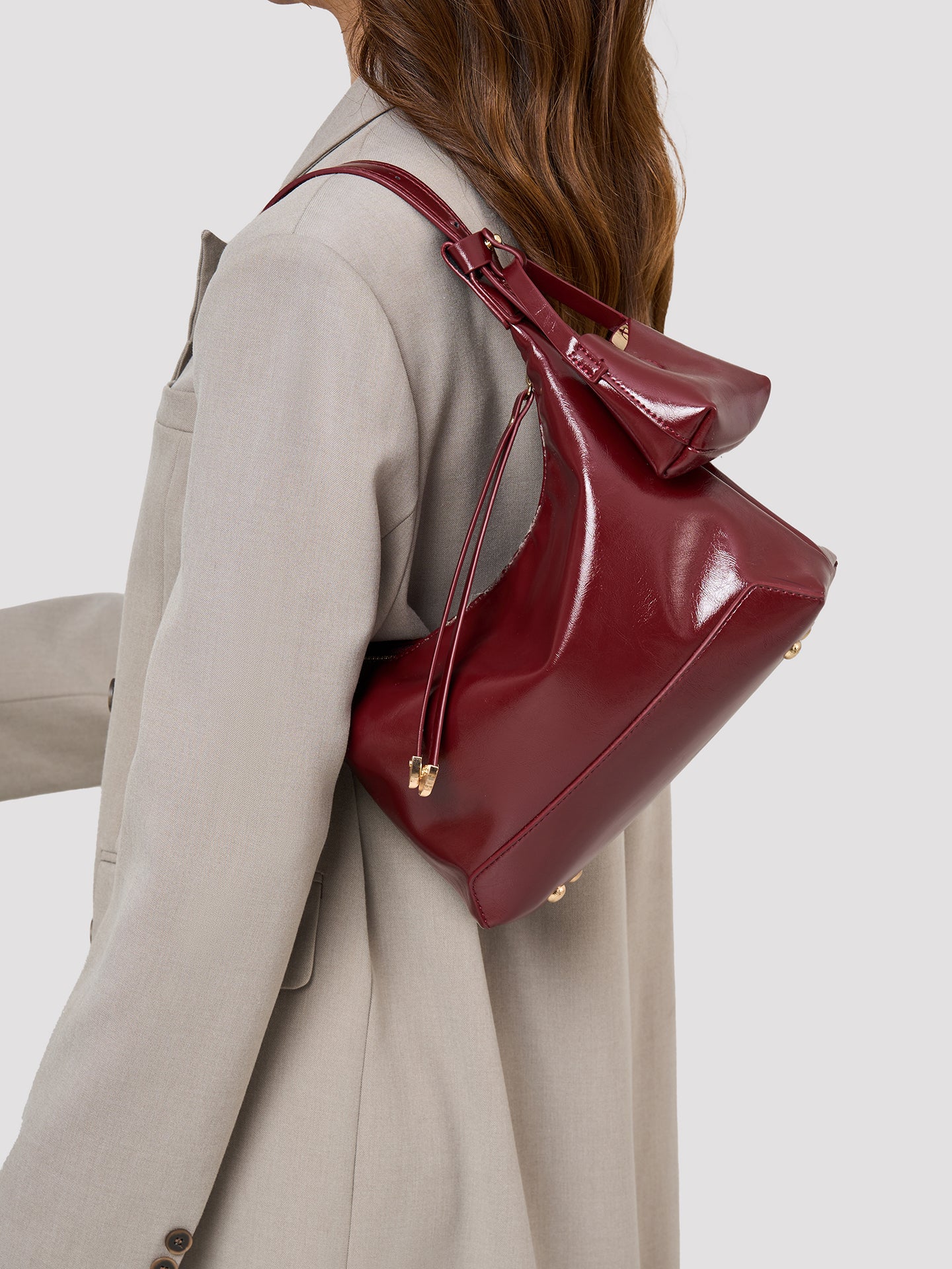 Retro Glossy Vegan Eco-Leather Hobo Bag with Mini Pouch