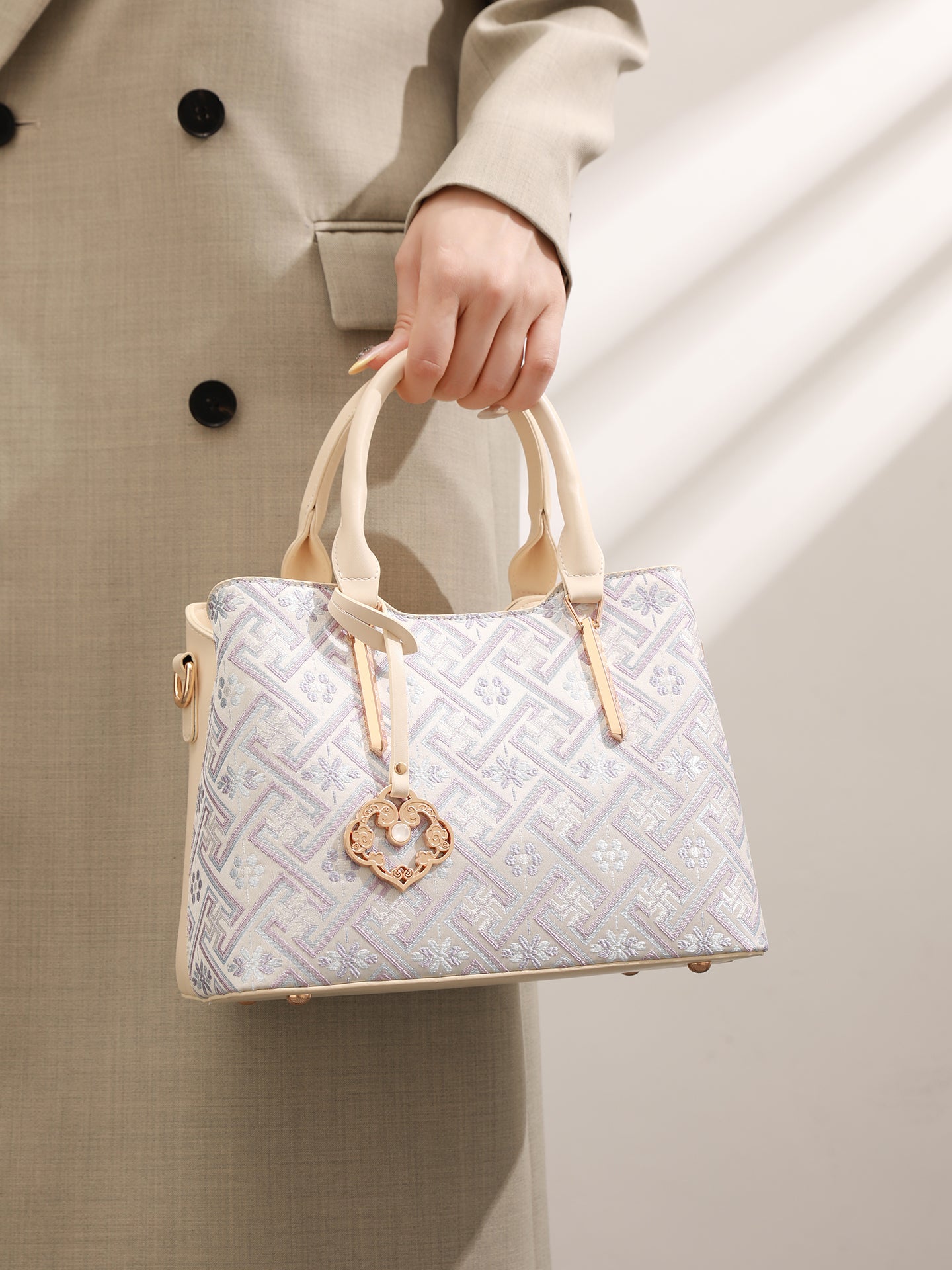 Elegant Jacquard Pattern Vegan Eco-Leather Satchel Clutch Bag with Hollow Lock Charm