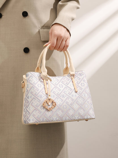 Elegant Jacquard Pattern Vegan Eco-Leather Satchel Clutch Bag with Hollow Lock Charm
