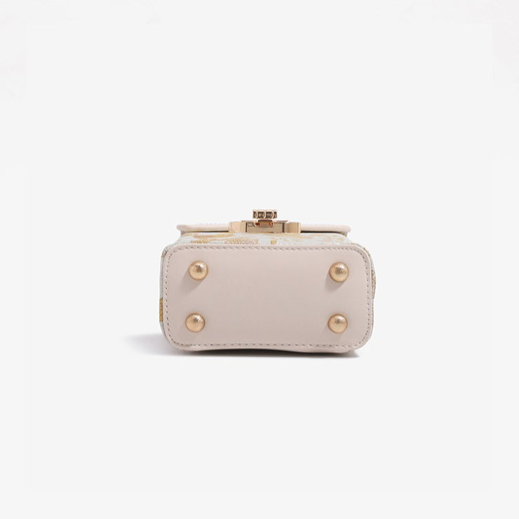 Elegant Oriental Jacquard Mini Flap Phone Clutch Bag with Furry Charm