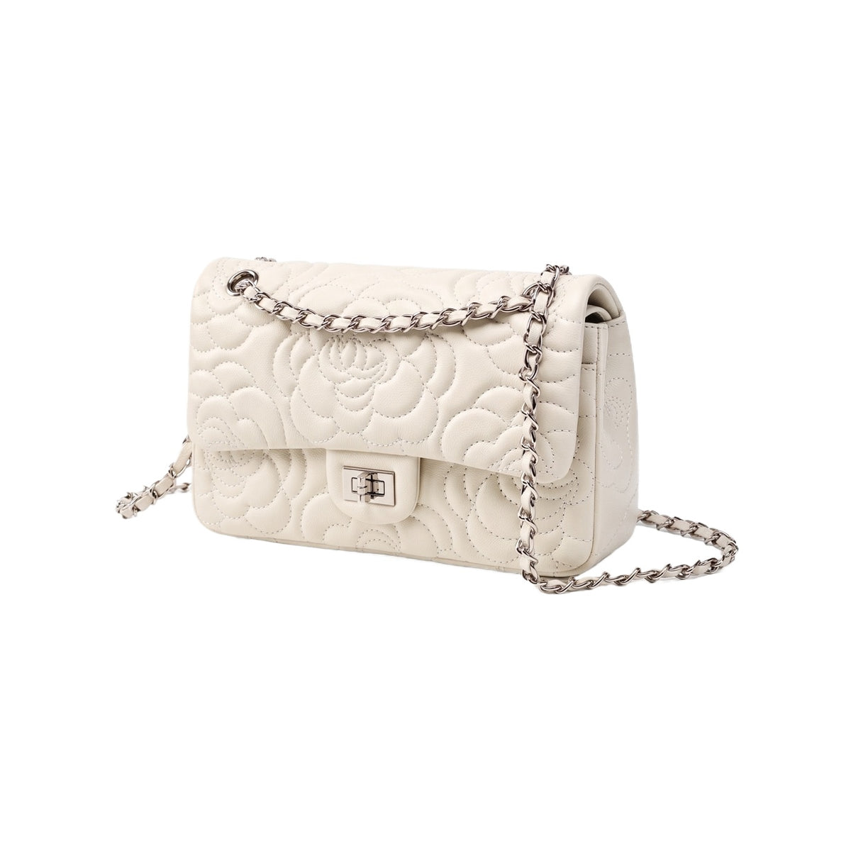 Geantă crossbody matlasată pentru femei, din piele naturală de oaie, cu lanț și model Camellia