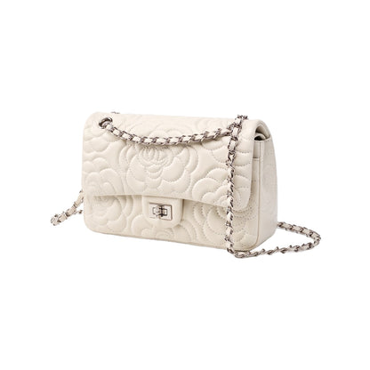 Geantă crossbody matlasată pentru femei, din piele naturală de oaie, cu lanț și model Camellia