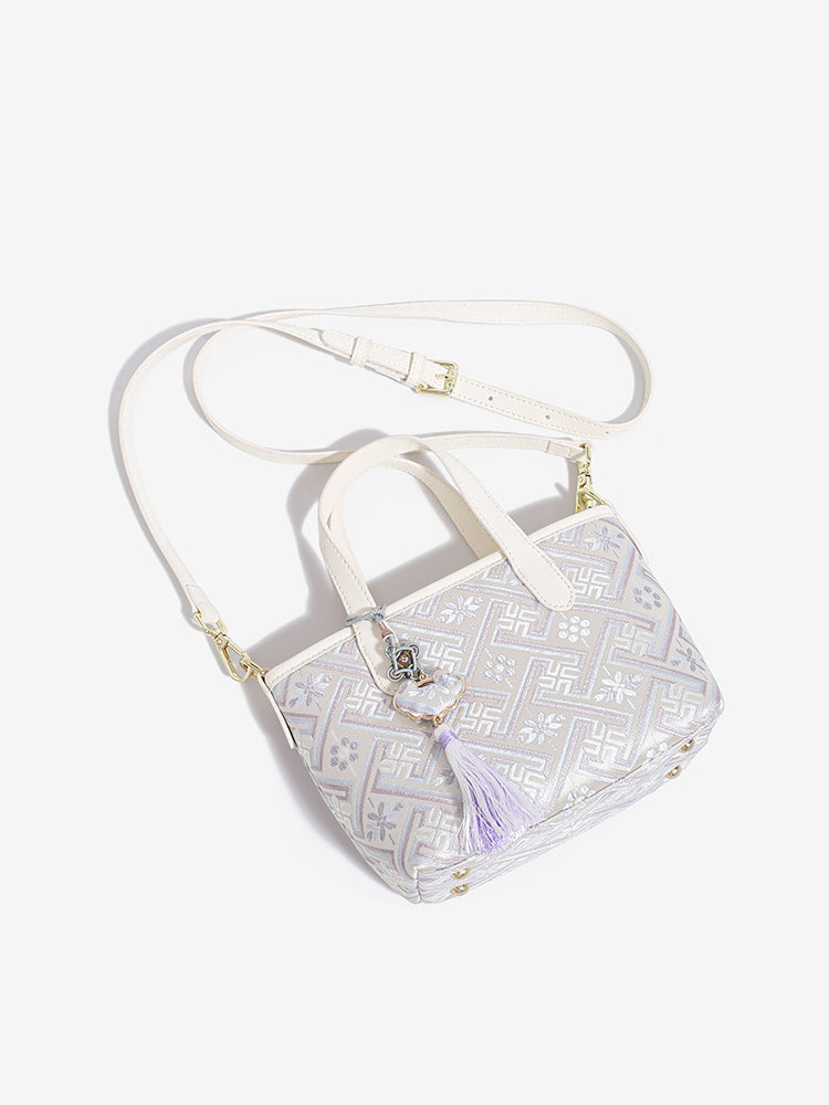 Mellow Oriental Jacquard Vegan Eco-Leather Tote Clutch Bag with Tassel Charm