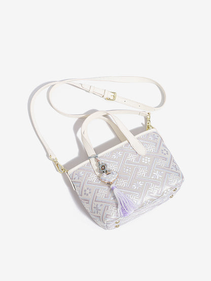 Mellow Oriental Jacquard Vegan Eco-Leather Tote Clutch Bag with Tassel Charm