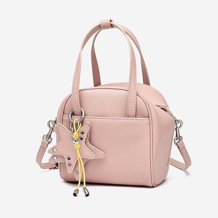 Chic Petite Genuine Leather Mini Boston Clutch Bag with Playful Star Charm