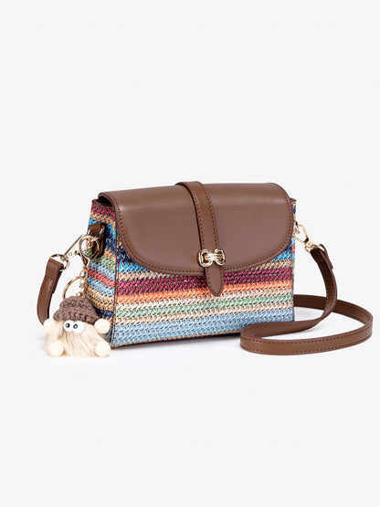 Radiant Rainbow Striped Woven Vegan Eco-Leather Flap Clutch Bag with Lovely Charm